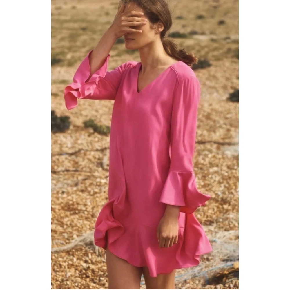 HD in Paris Dress Women Hot Pink Barbiecore Boho Bell Sleeve V-Neck Shift Sz‎ 2
